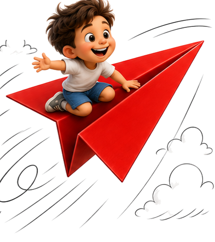Doodle boy riding the paper airplane into the clouds